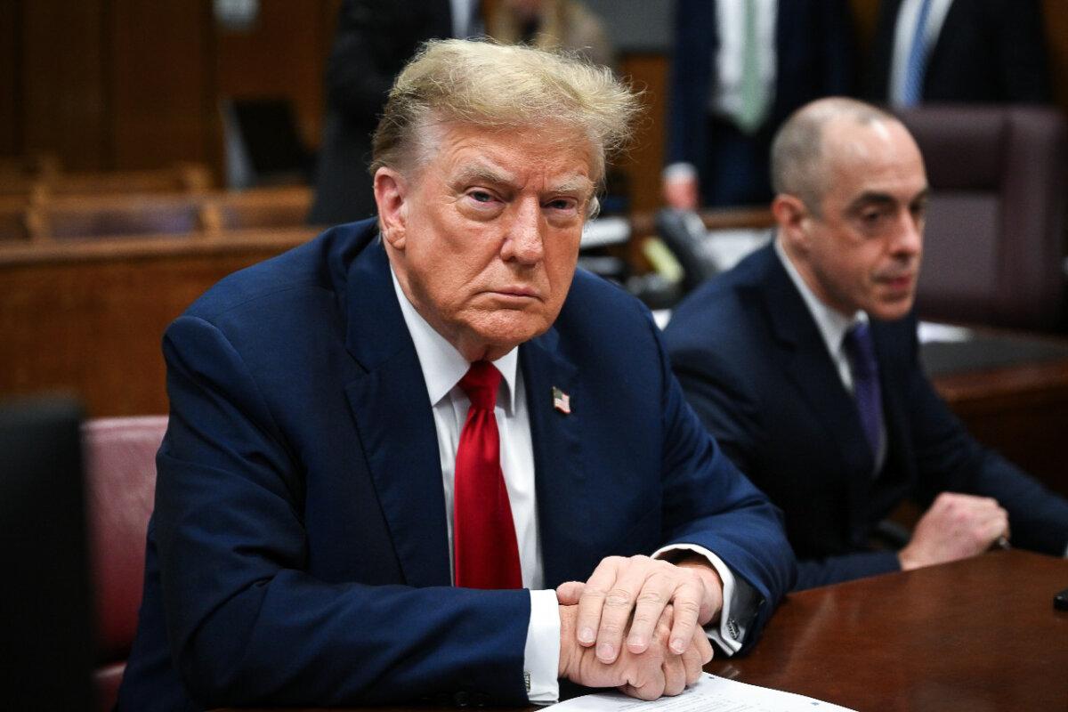 Former President Donald Trump attends the first day of his trial for allegedly covering up hush money payments at Manhattan Criminal Court in New York City on April 15, 2024. (Angela Weiss/Pool/Getty Images)
