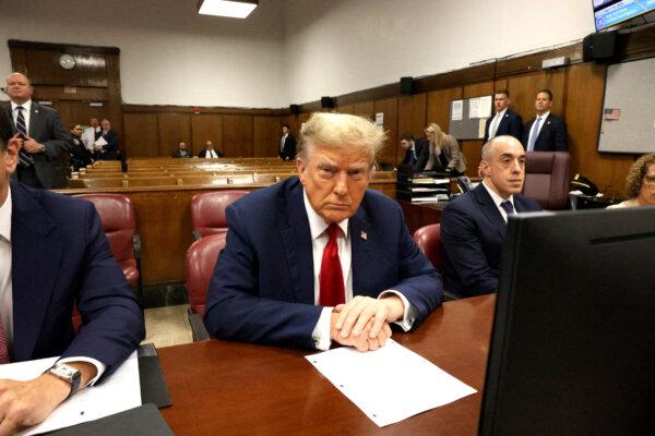 Former President Donald Trump attends the first day of his trial for allegedly covering up hush money payments allegedly linked to extramarital affairs, at Manhattan Criminal Court in New York City on April 15, 2024. (Jefferson Siegel/Pool/AFP via Getty Images)