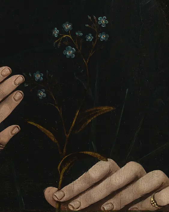 A close-up of the forget-me-not flowers in the subject's hands. (NG722 Portrait of a Woman of the Hofer Family by Swabian about 1470 © The National Gallery, London)