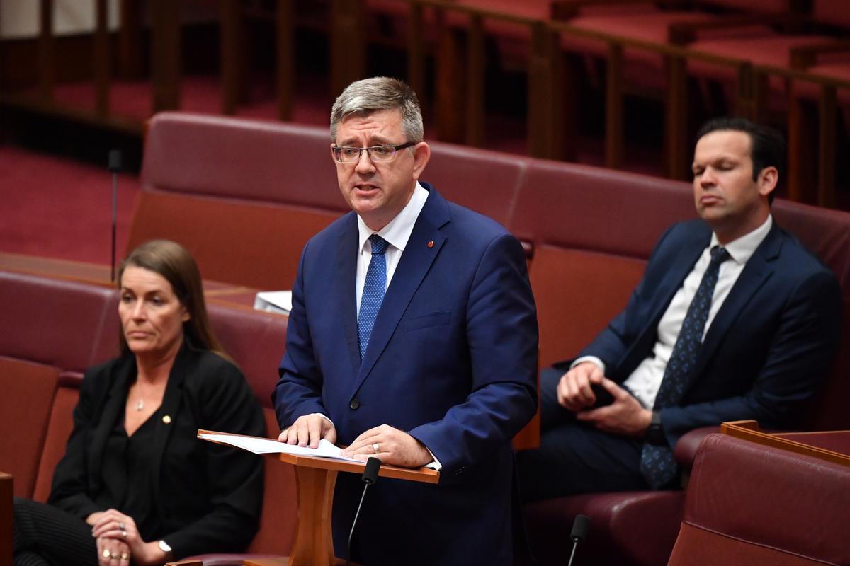 Centre-right Liberal Party Senator Paul Scarr makes his first speech in the Senate Chamber at Parliament House in Canberra, Australia on Sept. 10, 2019. (AAP Image/Mick Tsikas)