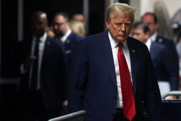 Former President Donald Trump arrives for his trial for allegedly covering up hush money payments linked to extramarital affairs at Manhattan Criminal Court in New York, on April 25, 2024. (Spencer Platt/Pool/AFP via Getty Images)