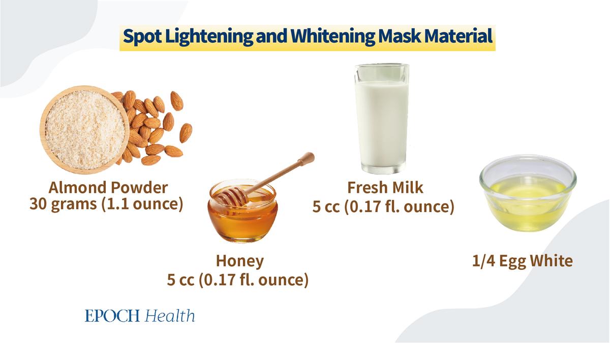 Homemade spot-lightening and face-brightening facial mask with almond flour, egg whites, honey, and fresh milk. (Shutterstock and the Epoch Times)
