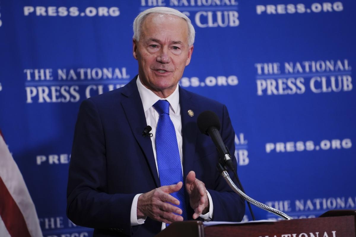 Republican presidential candidate and former Arkansas Gov. Asa Hutchinson announces the first plank of his presidential campaign's policy agenda at the National Press Club in Washington on July 17, 2023. (Madalina Vasiliu/The Epoch Times)