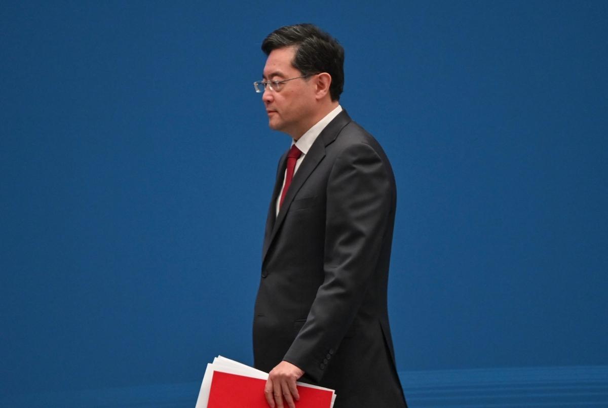 Qin Gang, state councilor and foreign minister of China, walks off stage after delivering a speech during the opening ceremony of the Lanting Forum in Shanghai on April 21, 2023. (Hector Retamal/AFP via Getty Images)