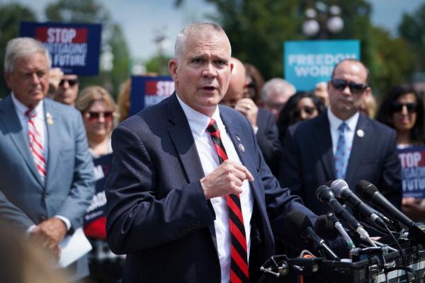 Rep. Matthew Rosendale (R-Mont.) speaks during a House Freedom Caucus press conference on appropriations at House Triangle on Capitol Hill in Washington, on July 25, 2023. (Madalina Vasiliu/The Epoch Times)
