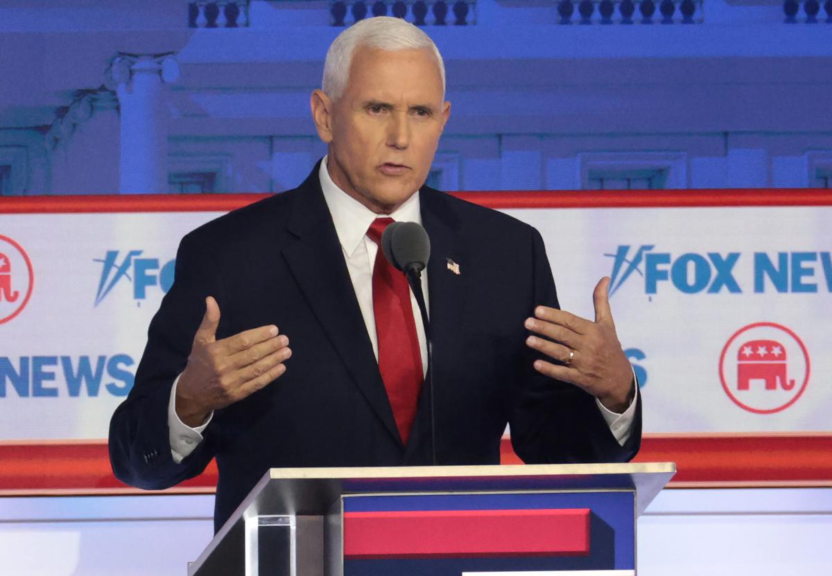 Republican presidential candidate and former U.S. Vice President Mike Pence participates in the first debate of the GOP primary season hosted by FOX News at the Fiserv Forum in Milwaukee on Aug. 23, 2023. (Win McNamee/Getty Images)