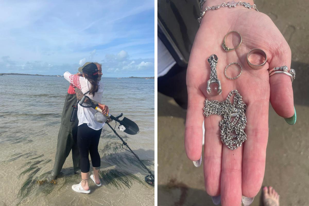 Tessa Le Gallez hugs metal detectorist Matthew Kneebone after he finds her late mother’s missing rings at Les Amarreurs beach in Guernsey on Sept. 1, 2023. (SWNS)