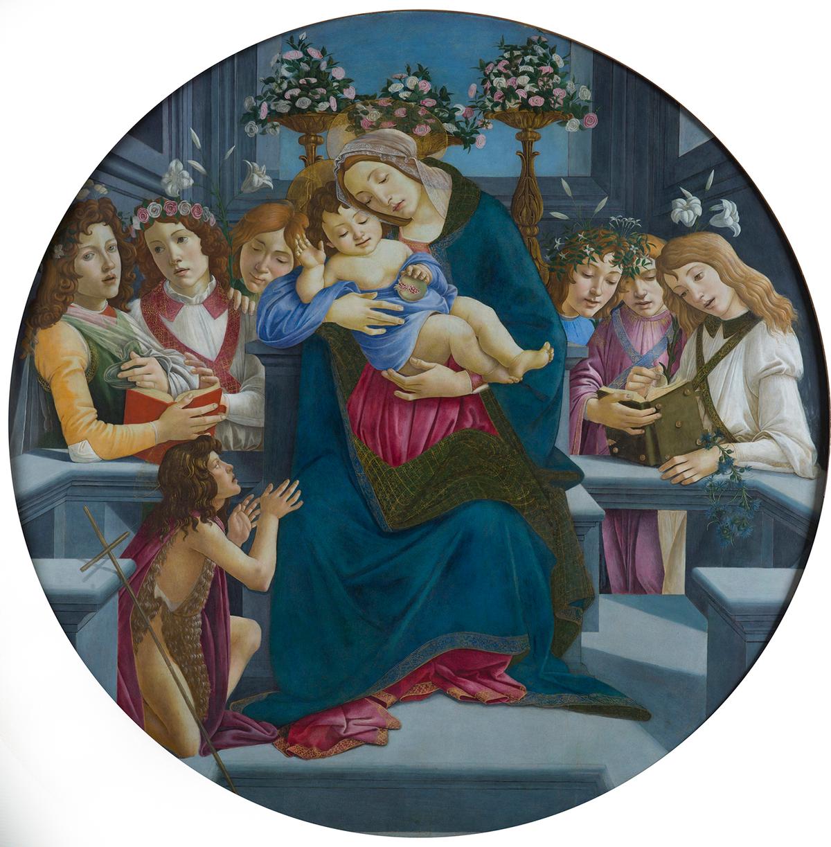 "Virgin and Child with Saint John the Baptist and Six Singing Angels," circa 1490, by Sandro Botticelli and Workshop. Tempera on panel; 67 inches. Borghese Gallery, Rome. (Courtesy of Legion of Honor)