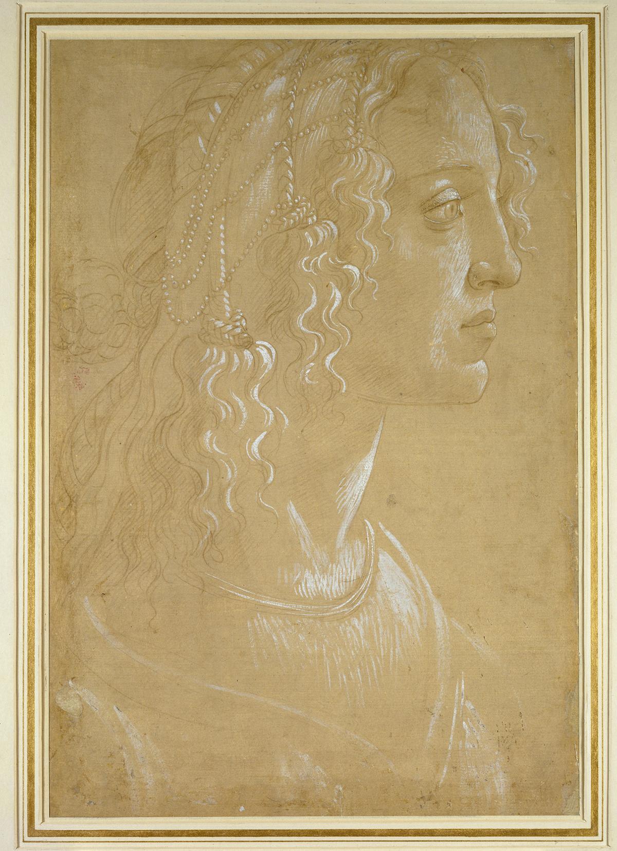 "Study of the head of a woman in profile,” circa 1485, by Sandro Botticelli. Metalpoint, white gouache on Light brown prepared paper (recto), black chalk, pen and brown ink, brown wash, white gouache (verso); 13 7/16 x 9 1/16 in. The Ashmolean Museum, University of Oxford. (Courtesy of Legion of Honor)