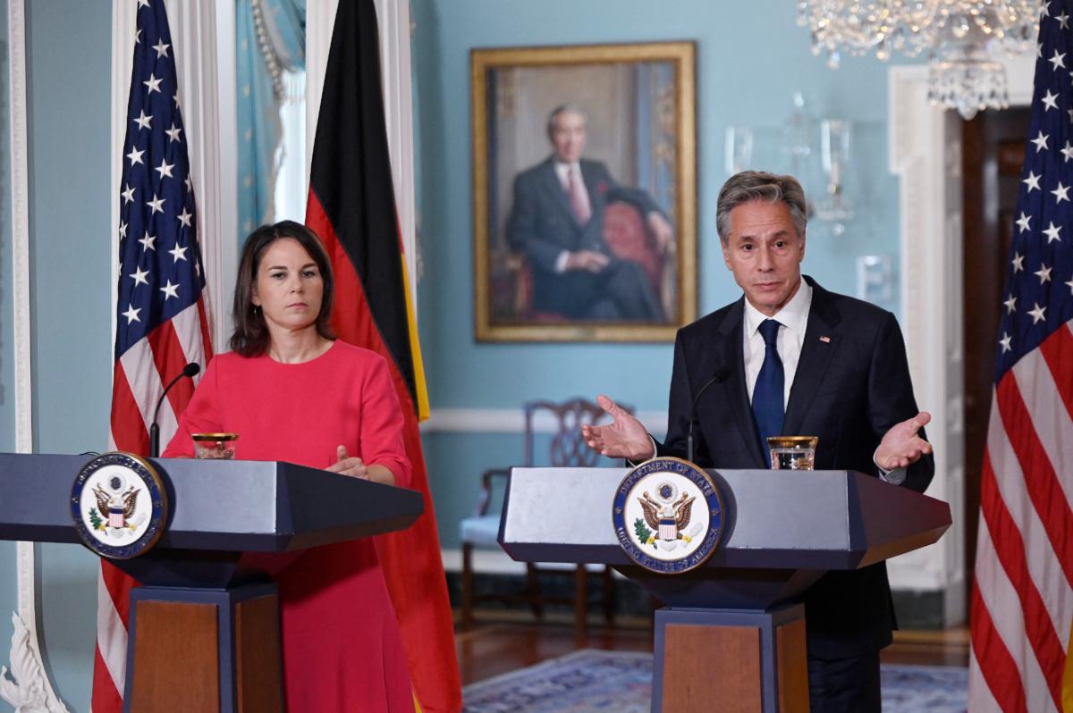 German Foreign Minister Annalena Baerbock looks on as U.S. Secretary of State Antony Blinken speaks during a press conference following their meeting at the U.S. Department of State in Washington, on Sept. 15, 2023. (Olivier Douliery/AFP via Getty Images)