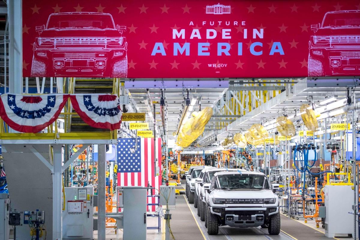 A general view of GMC Hummer EVs is pictured at General Motors' Factory ZERO electric vehicle assembly plant in Detroit on Nov. 17, 2021. (Nic Antaya/Getty Images)